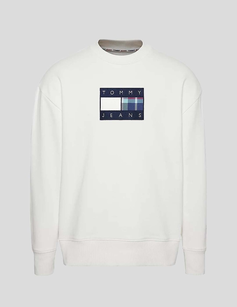 Felpa TOMMY JEANS bandiera tartan regolare equipaggio bianco